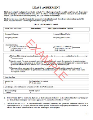 Screenshot of an example garage/storage lease agreement pdf